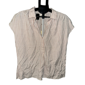 NWT MAX STUDIO WHITE AND PINK STRIPED SHORT SLEEVES V NECK COLLARD TOP
